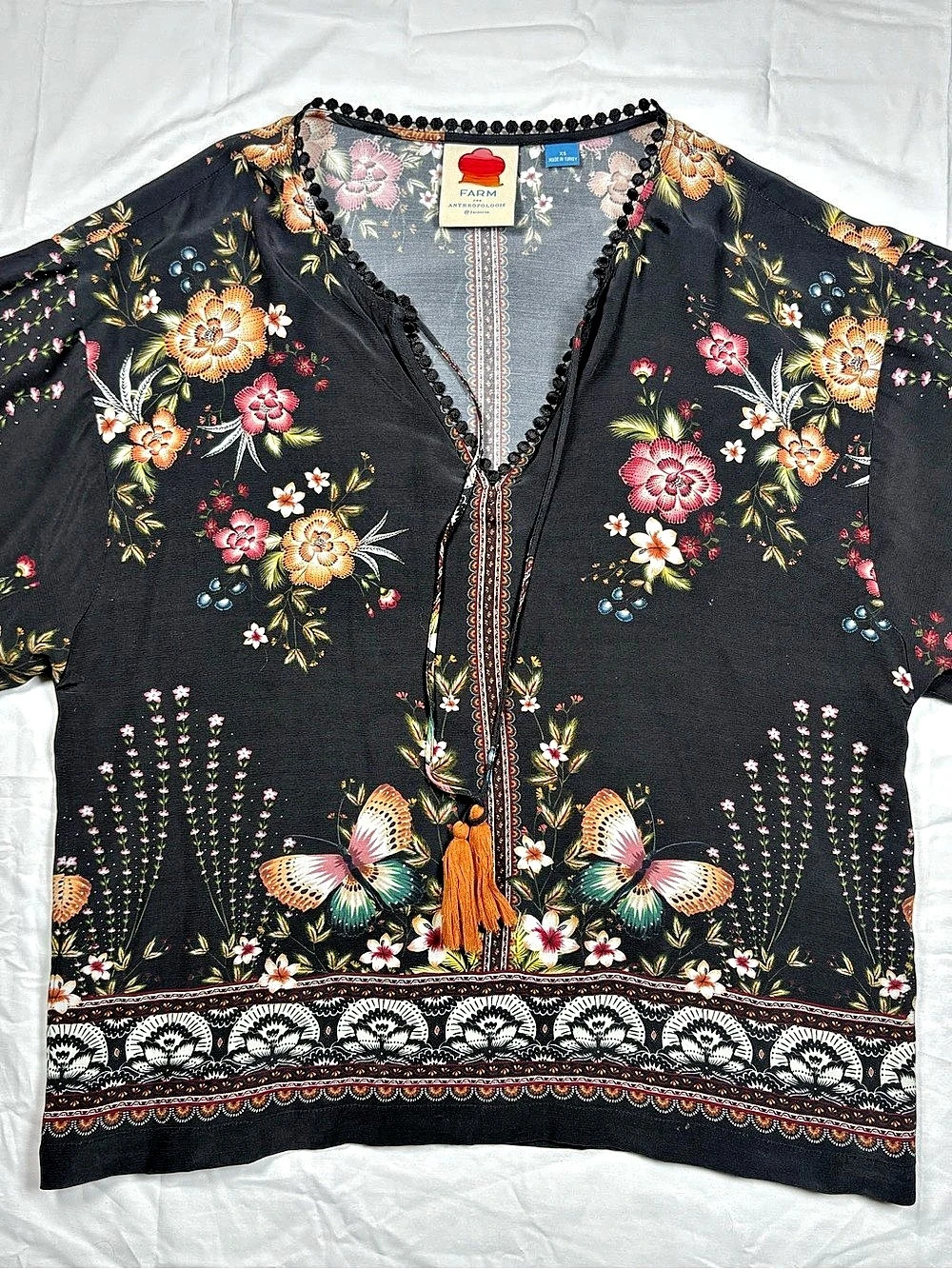 Farm Rio Floral Tassel Top Black Size XS